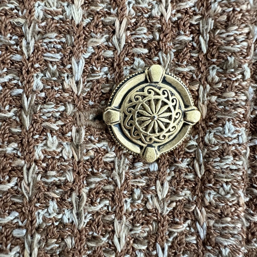 St John Tweed Jacket 12 Brown Textured Knit Gold Button Fringe Equestrian Luxury - Picture 15 of 16